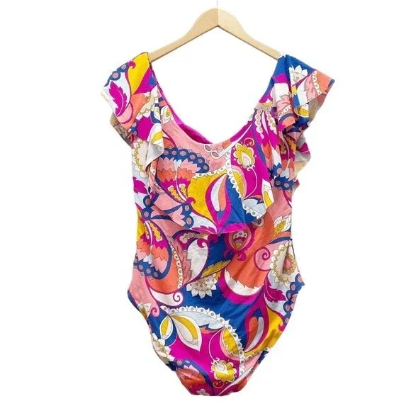 NWT Trina Turk Sevilla Ruffle One Piece Swimsuit Pink Blue Combo Women’s Size 14